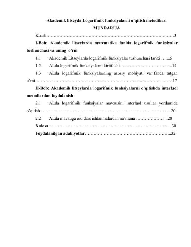 Akademik litseyda Logarifmik funksiyalarni oʼqitish metodikasi