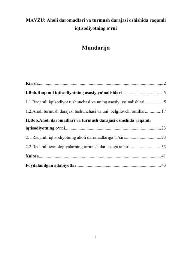 Aholi daromadlari va turmush darajasi oshishida raqamli iqtisodiyotning o‘rni