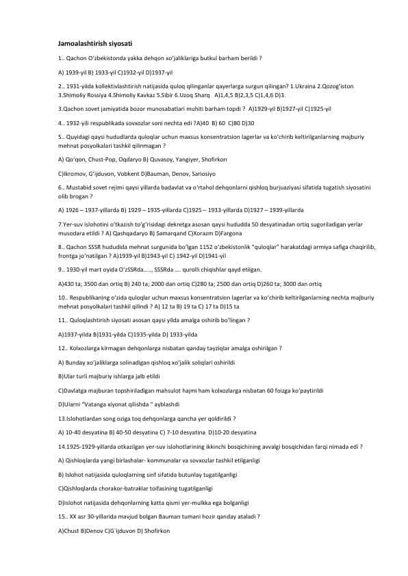 Jamoalashtirish siyosati (test 15ta javobli)