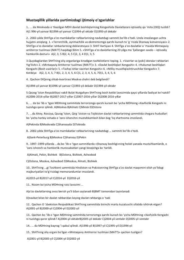 Mustaqillik yillarida yurtimizdagi ijtimoiy o’zgarishlar (test 15ta javobli)
