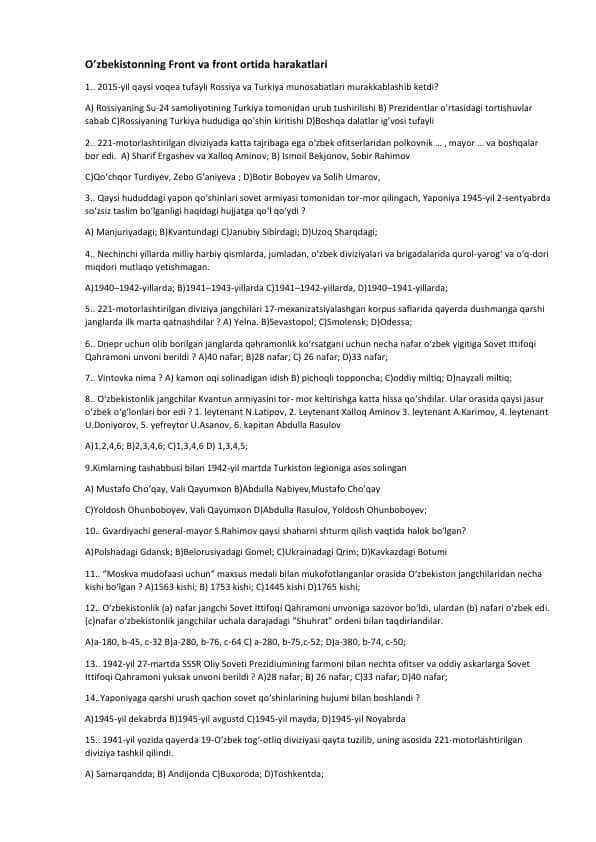 O’zbekistonning Front va front ortida harakatlari (test 15ta javobli)