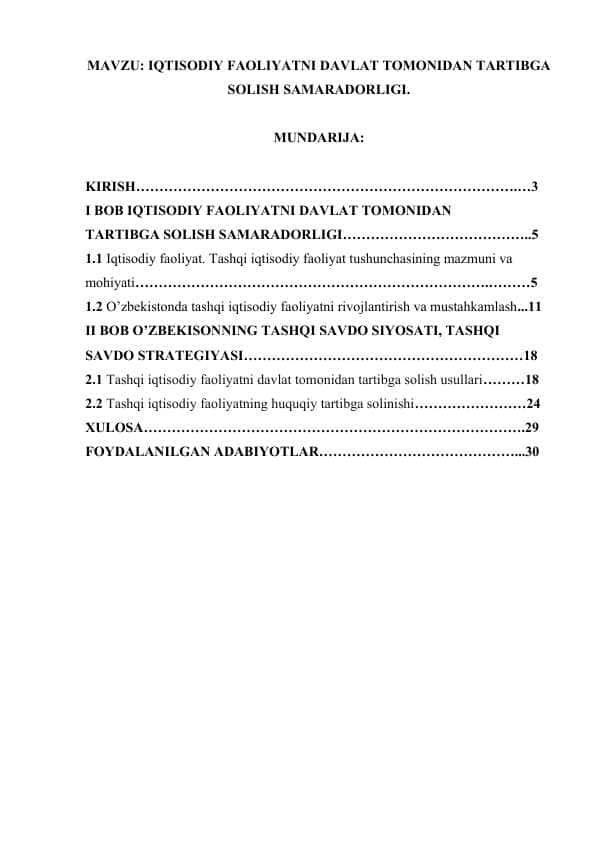 IQTISODIY FAOLIYATNI DAVLAT TOMONIDAN TARTIBGA SOLISH SAMARADORLIGI..docx