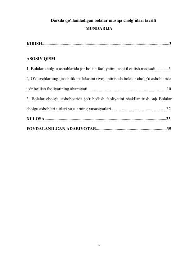 Darsda qoʻllaniladigan bolalar musiqa cholgʻulari tavsifi