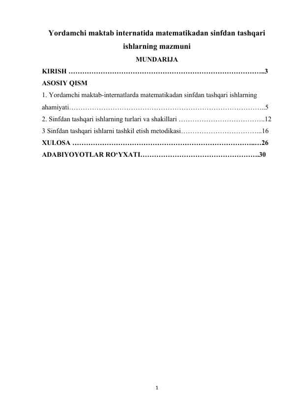 Yordamchi maktab internatida matematikadan sinfdan tashqari ishlarning mazmuni