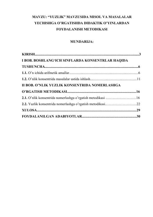 YUZLIK MAVZUSIDA MISOL VA MASALALAR YECHISHGA O’RGATISHDA DIDAKTIK O’YINLARDAN FOYDALANISH METODIKASI
