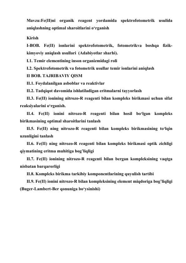 Fe(II)ni organik reagent yordamida spektrofotometrik usulida aniqlashning optimal sharoitlarini o‘rganish