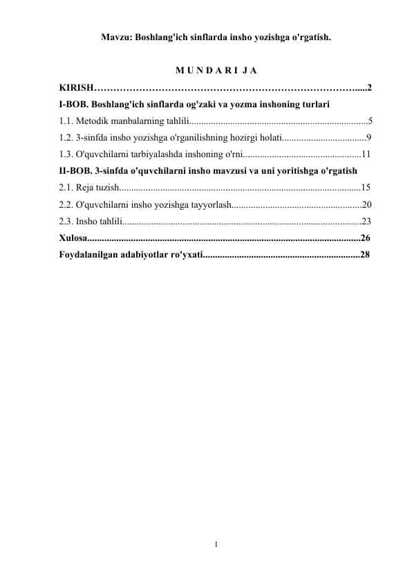 Kurs ishi Boshlang'ich sinflarda insho yozishga o'rgatish