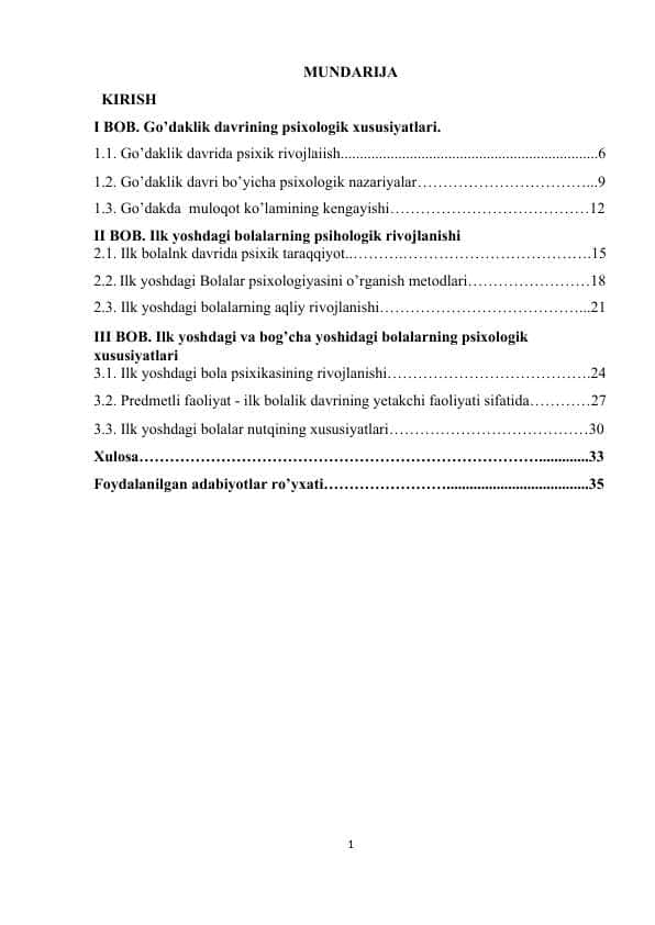 Kurs ishi Go’daklik davrining psixologik xususiyatlari