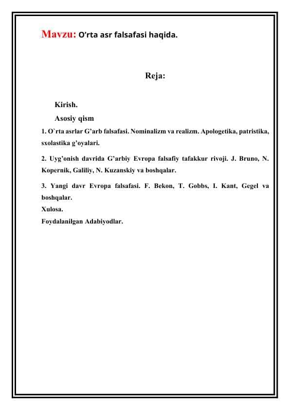 O’rta asr falsafasi haqida.