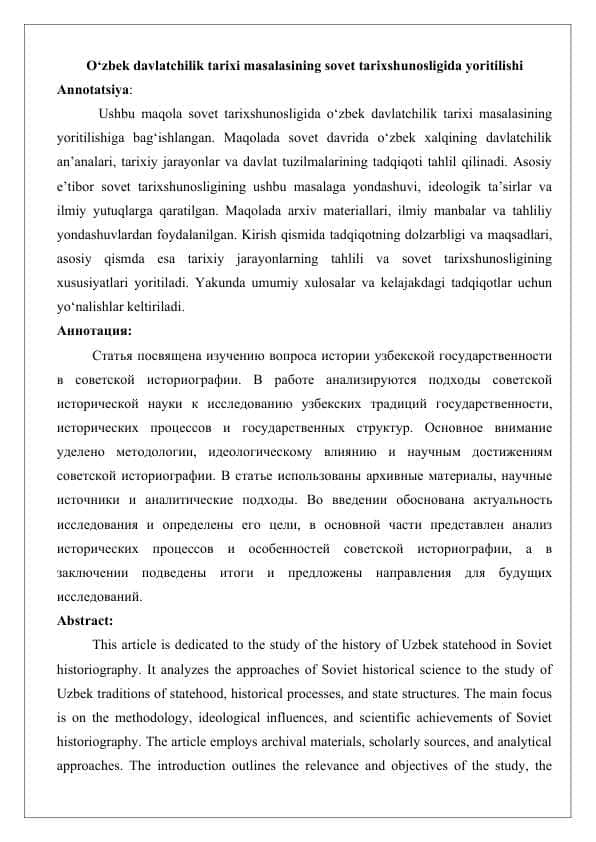 O‘zbek davlatchilik tarixi masalasining sovet tarixshunosligida yoritilishi maqola