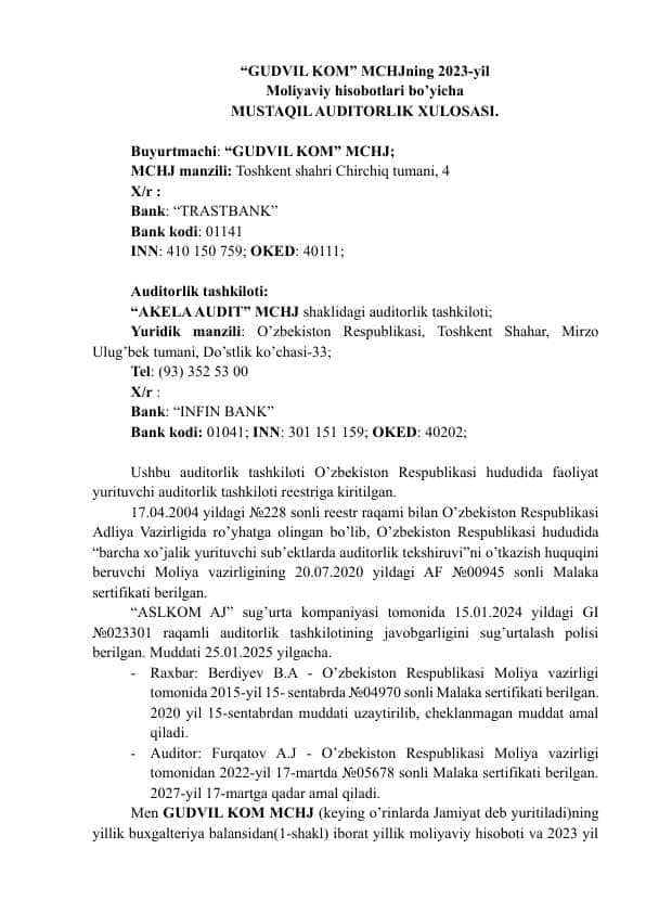 Auditorlik xulosasi