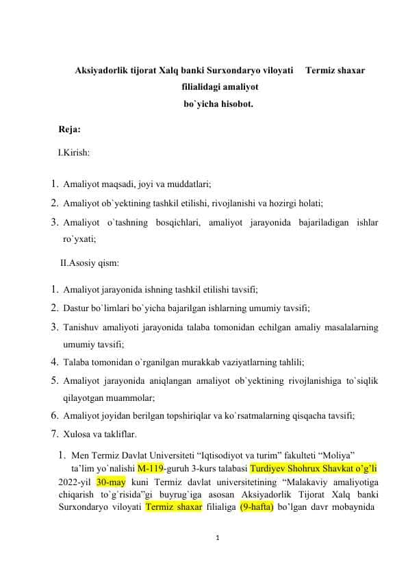 Aksiyadorlik tijorat Xalq banki Surxondaryo viloyati hisobot