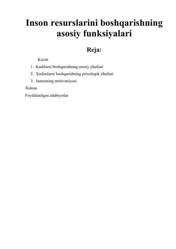 Inson resurslarini boshqarishning asosiy funksiyalari