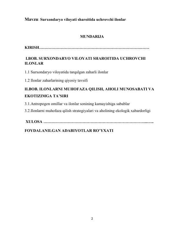 Surxondaryo viloyati sharoitida uchrovchi ilonlar