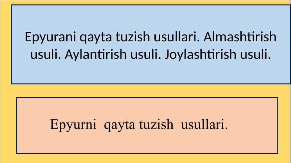 Epyurani qayta tuzish usullari.Almashtirish usuli.Aylantirish usuli.Joylashtirish usuli.