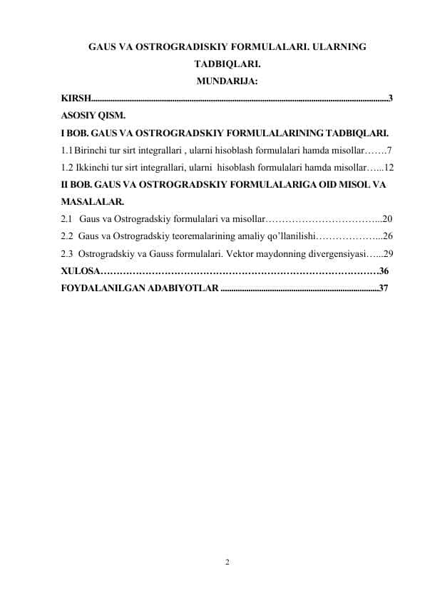 GAUS VA OSTROGRADISKIY FORMULALARI. ULARNING TADBIQLARI.