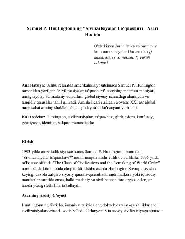Xantingtonning "Sivilizatsiyalar to'qnashuvi" haqida maqola