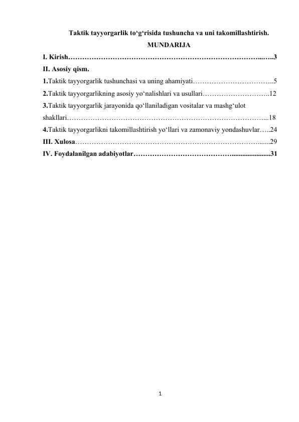 Taktik tayyorgarlik to‘g‘risida tushuncha va uni takomillashtirish.