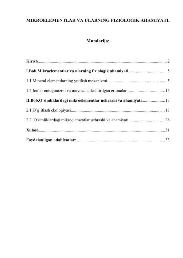 MIKROELEMENTLAR VA ULARNING FIZIOLOGIK AHAMIYATI