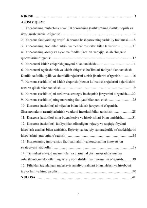 KORXONA FAOLIYATINI O'RGANISH BO'YICHA MALAKAVIY AMALIYOT HISOBOTI