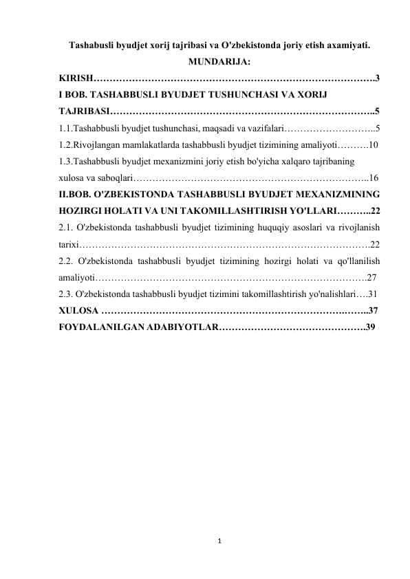 Tashabusli byudjet xorij tajribasi va O'zbekistonda joriy etish axamiyati.