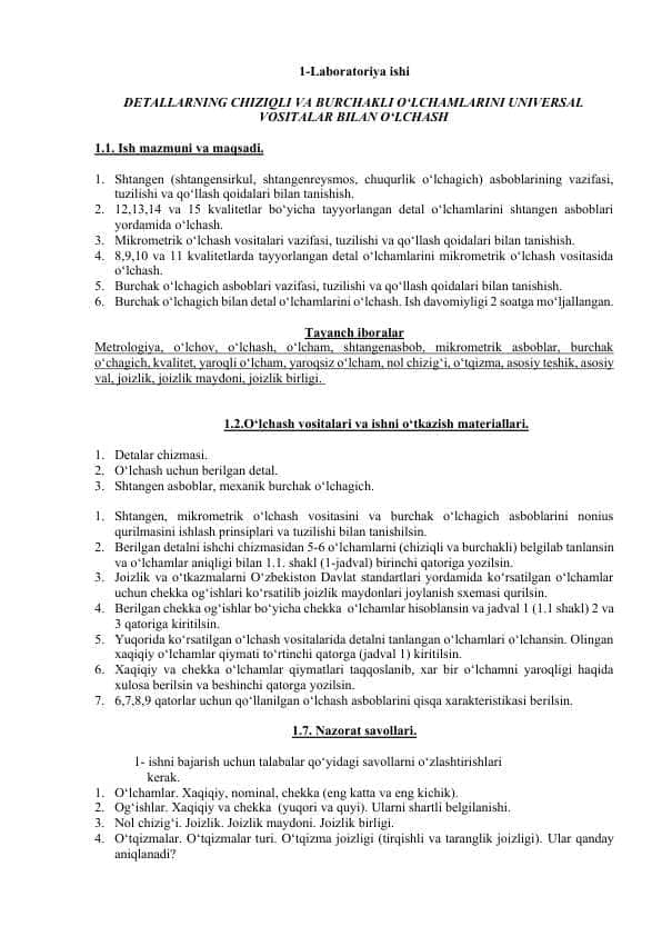 DETALLARNING CHIZIQLI VA BURCHAKLI O‘LCHAMLARINI UNIVERSAL VOSITALAR BILAN O‘LCHASH