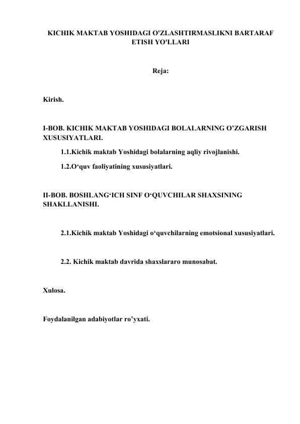 KICHIK MAKTAB YOSHIDAGI O'ZLASHTIRMASLIKNI BARTARAF ETISH YO'LLARI