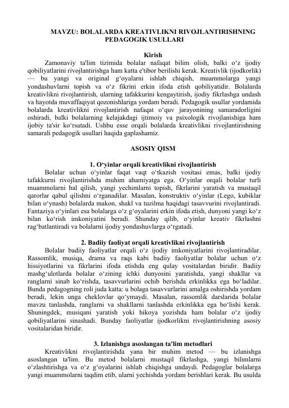 Bolalarda kreativlikni rivojlantirishning pedagogik usullari