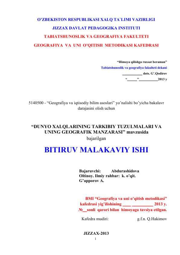 Dunyo xalqlarining tarkibiy tuzulmalari va uning geografik manzarasi