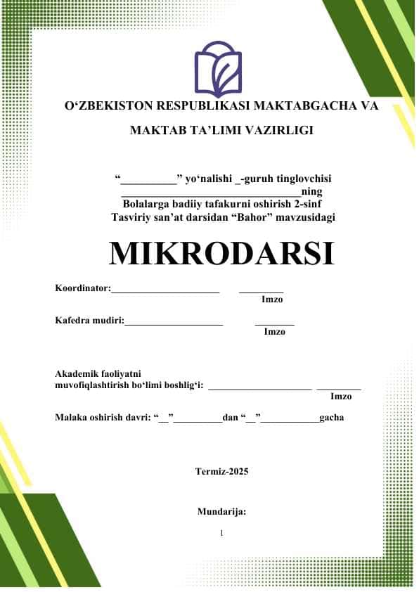 "Bahor" Tasviriy san'at fanidan MIKRODARS (Dars ishlanmasi)