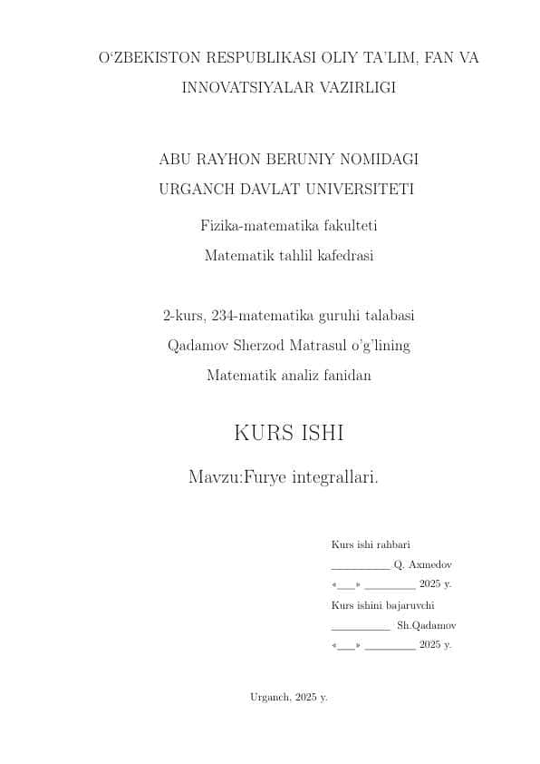 FURYE INTEGRALLARI kurs ishi