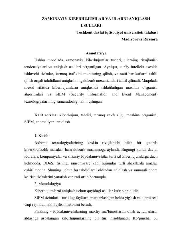 ZAMONAVIY KIBERHUJUMLAR VA ULARNI ANIQLASH USULLARI