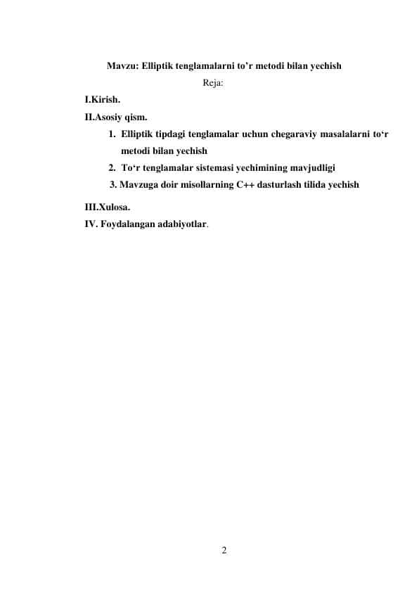 ELLIPTIK TENGLAMALARNI TO’R METODI BILAN YECHISH. KURS ISHI