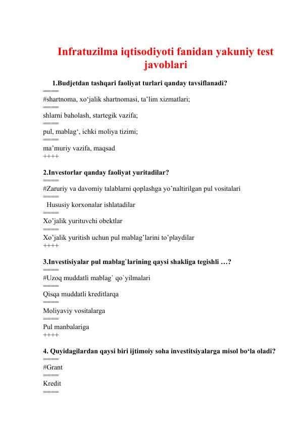 Infratuzilma iqtisodiyoti fanidan yakuniy test javoblari pptx