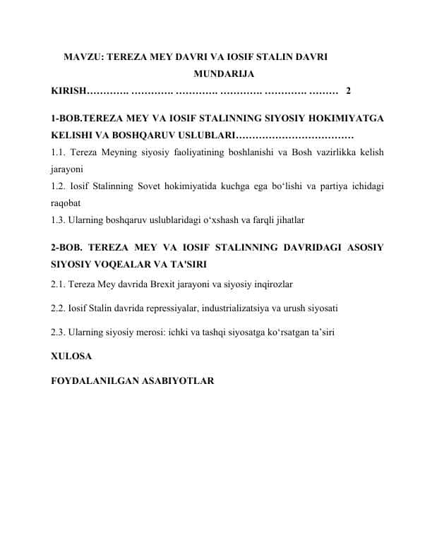 MAVZU: TEREZA MEY DAVRI VA IOSIF STALIN DAVRI kurs ishi