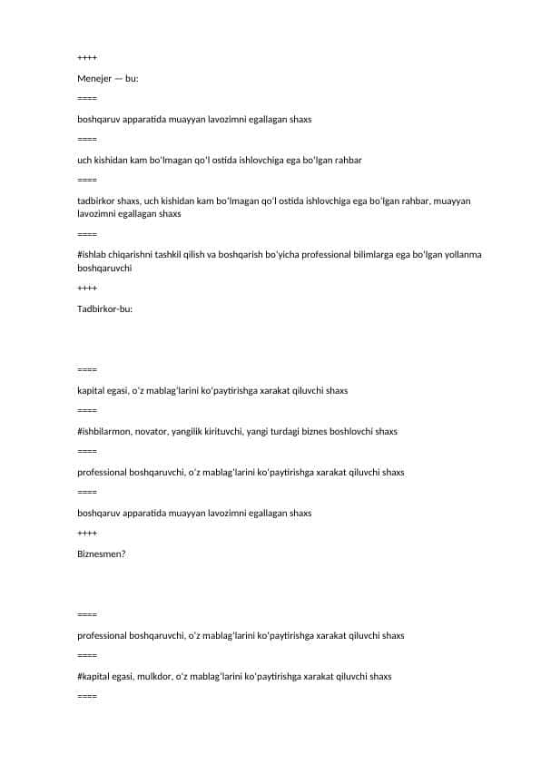 biznesda boshqaruv hisobi test