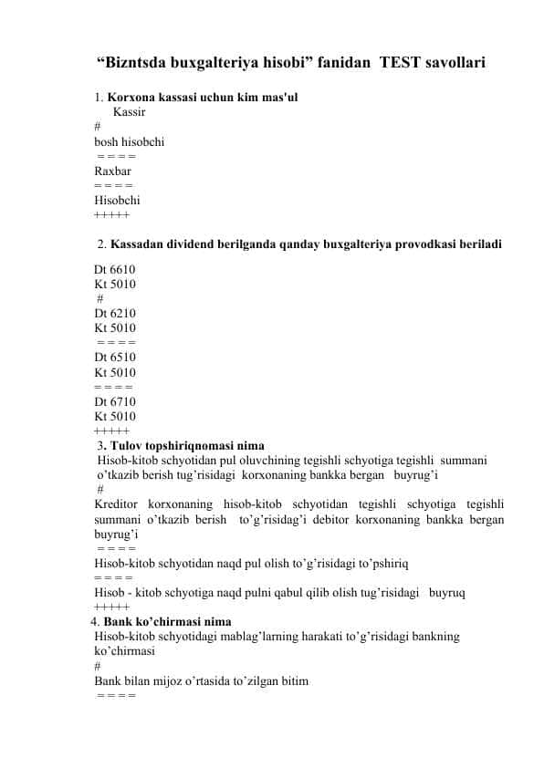 “Bizntsda buxgalteriya hisobi” fanidan 200 TEST savollari