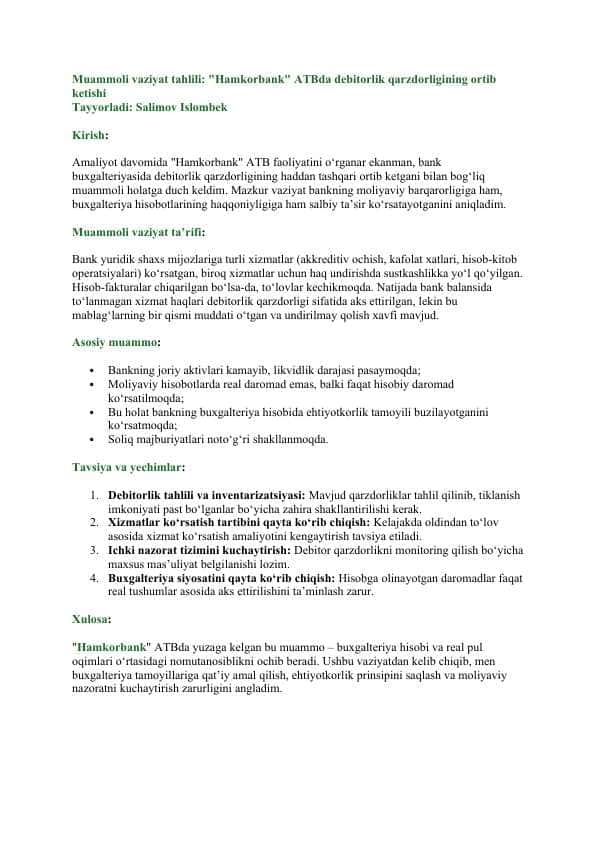 MUOMMOLI VAZIYAT. Case stadi. Yechimi bilan birga. Hamkor bank misolida.