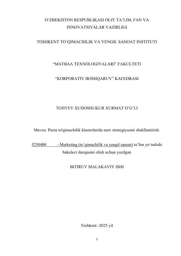 Paxta to'qimachilik klasterlarida narx strategiyasini shakllantirish.