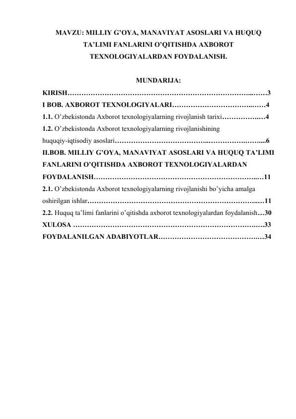 MILLIY G’OYA, MANAVIYAT ASOSLARI VA HUQUQ TA’LIMI FANLARINI O’QITISHDA AXBOROT TEXNOLOGIYALARDAN FOYDALANISH..docx