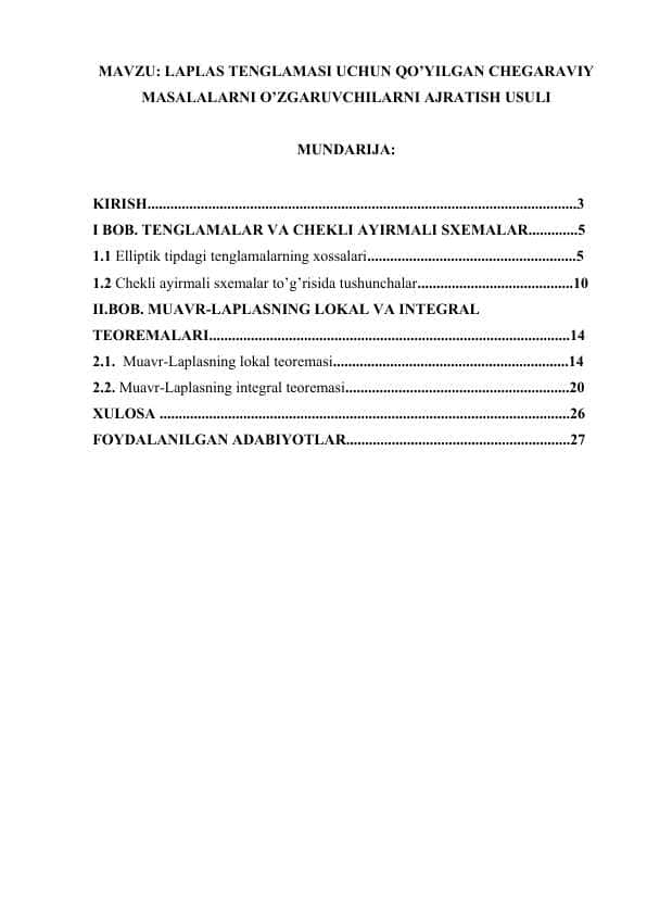 LAPLAS TENGLAMASI UCHUN QO’YILGAN CHEGARAVIY MASALALARNI O’ZGARUVCHILARNI AJRATISH USULI.docx