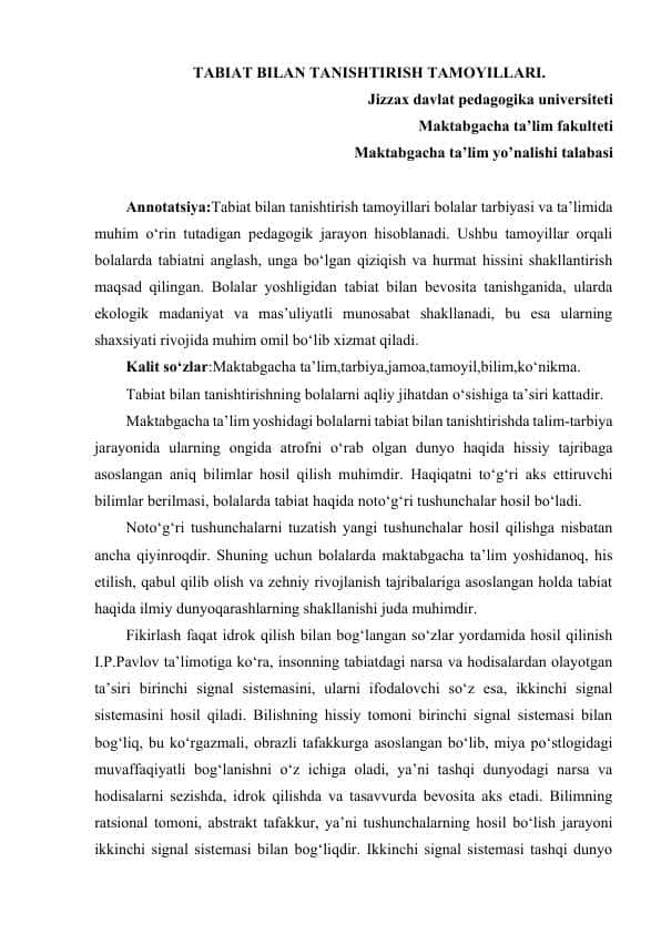 TABIAT BILAN TANISHTIRISH TAMOYILLARI.