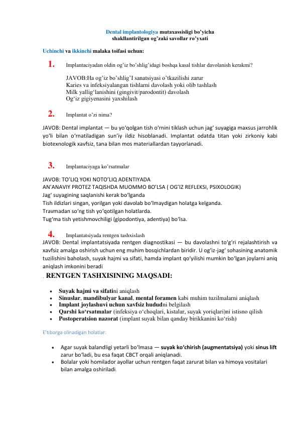 dental implantologiya mutaxxasisligi bo'yicha 2 va 3 daraja olish uchun og'zaki savollarga javoblar