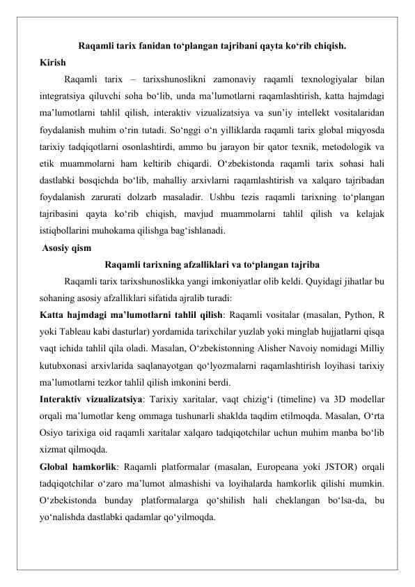 Raqamli tarix fanidan to‘plangan tajribani qayta ko‘rib chiqish. tezis 25