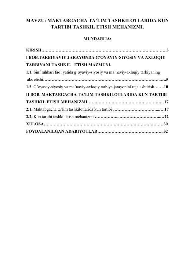 MAKTABGACHA TA’LIM TASHKILOTLARIDA KUN TARTIBI TASHKIL ETISH MEHANIZMI.docx