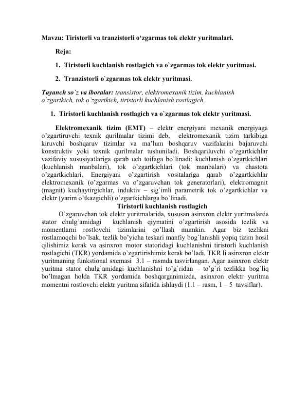 Tiristorli va tranzistorli o‘zgarmas tok elektr yuritmalari