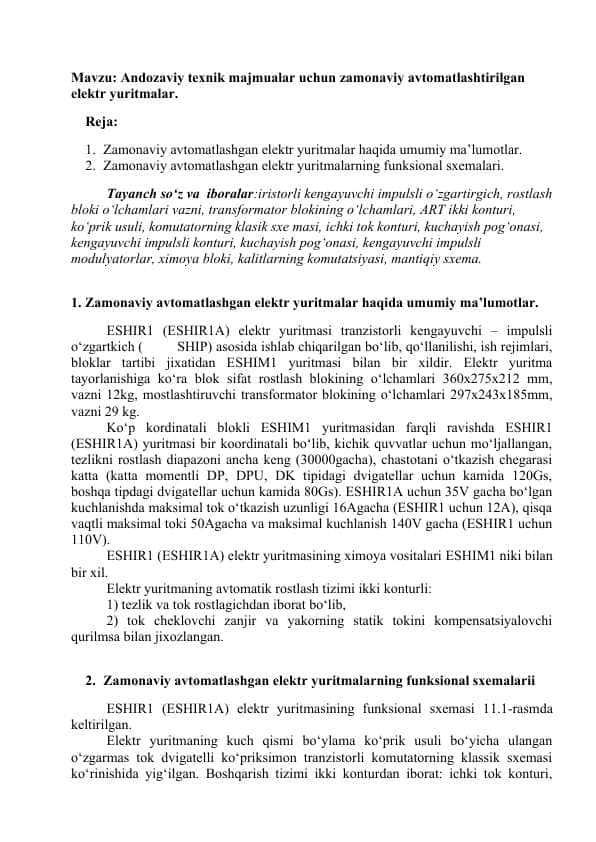 Andozaviy texnik majmualar uchun zamonaviy avtomatlashtirilgan elektr yuritmalar.