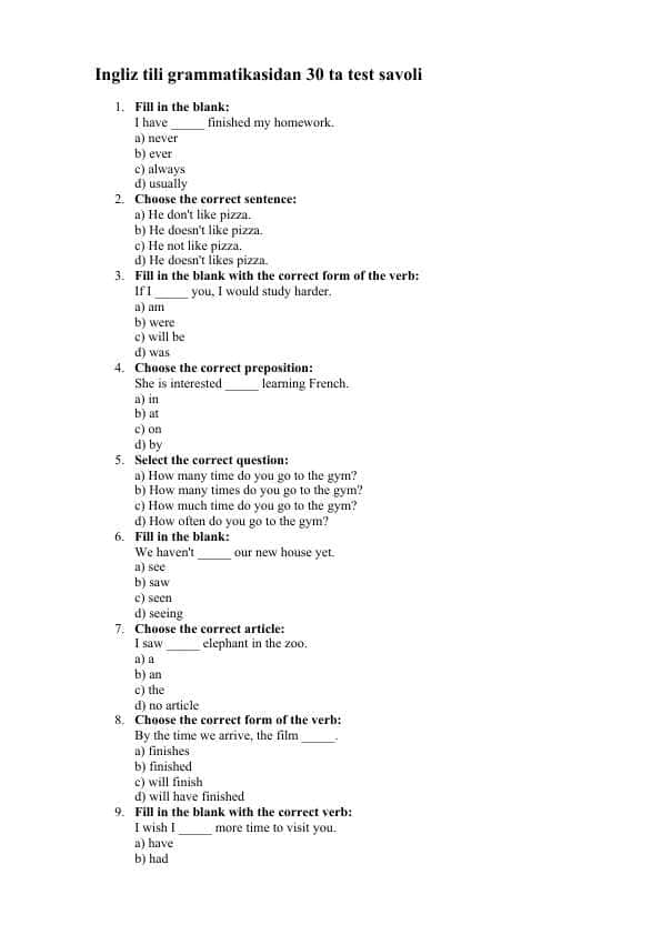 Ingliz tili grammatikasidan 30 talik blok test