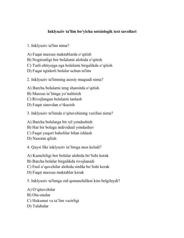 Inklyuziv ta'lim bo‘yicha sotsiologik test savollari