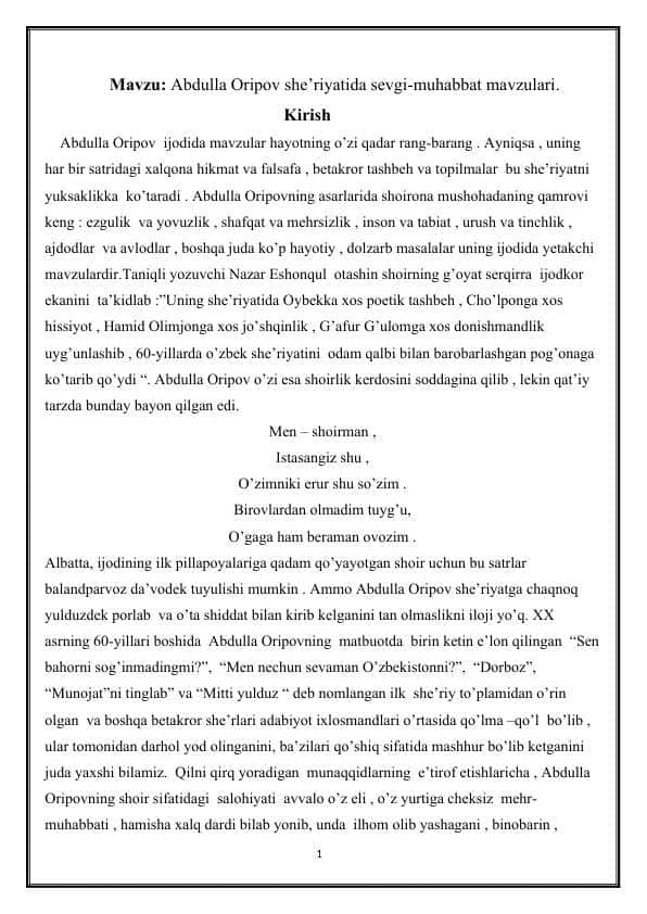 Abdulla Oripov she’riyatida sevgi-muhabbat mavzulari